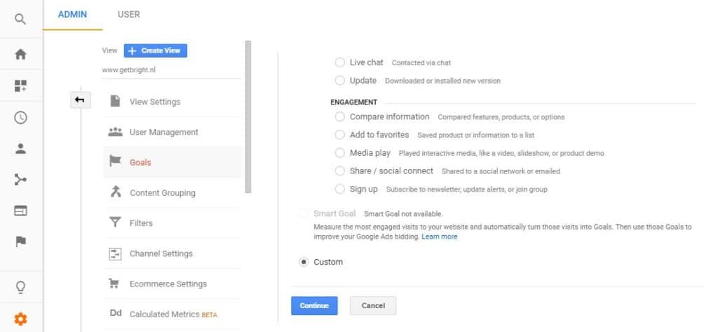 Google Analytics scherm voor het instellen van doelen.