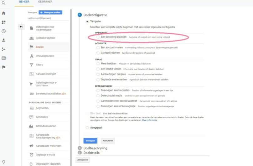 Doelconfiguratie instellen in Google Analytics voor het meten van conversies.