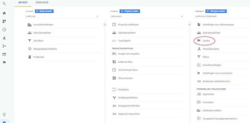 Doelen instellen in Google Analytics via het beheer menu