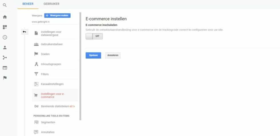 E-commerce inschakelen in Google Analytics via de instellingen voor dataverzameling.