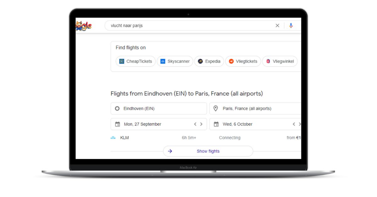 Google Flights resultaten met vluchtopties van Eindhoven naar Parijs.