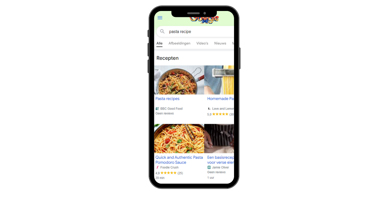 Mobiele Google zoekresultaten met pasta recepten en beoordelingen.