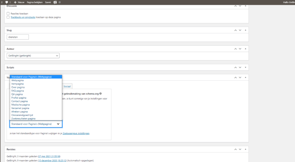 Yoast SEO instellingen in WordPress voor het kiezen van het schematype van een pagina.
