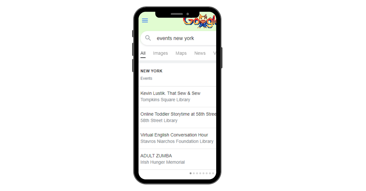 Google events zoekresultaten op mobiel voor evenementen in New York.