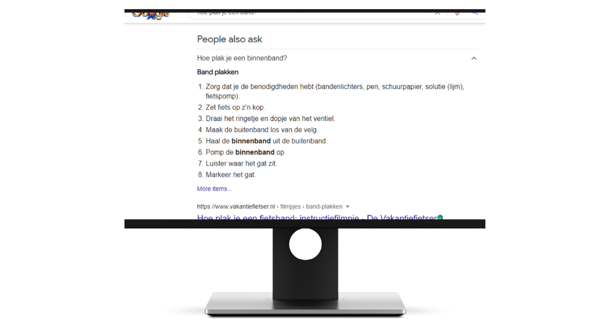 Google People Also Ask resultaten met stappen voor het plakken van een fietsband.
