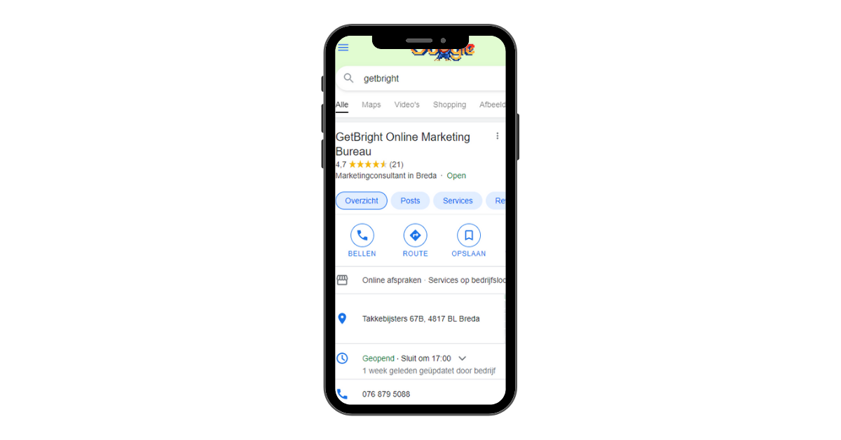 Mobiele Google zoekresultaten met een lokaal bedrijfsprofiel en bedrijfsgegevens.