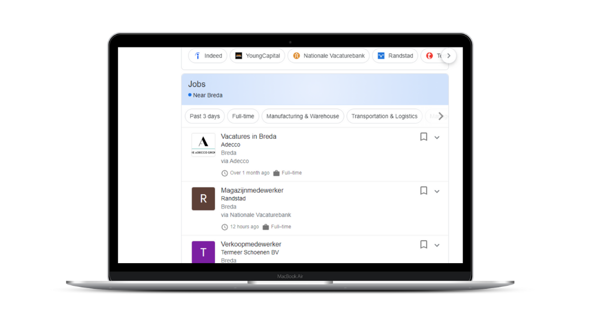 Google Jobs overzicht met vacatures in Breda op een laptop.