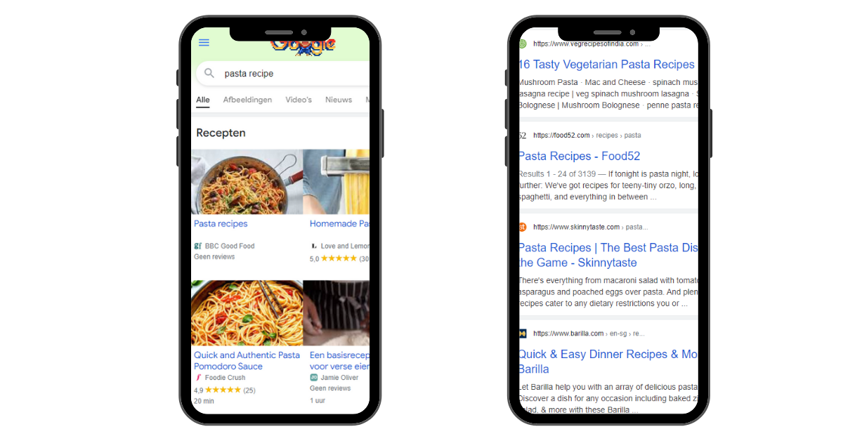 Telefoon met google resultaten voor pasta recepten