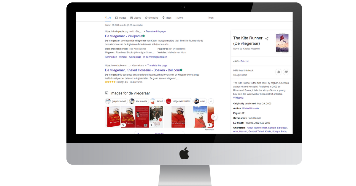 Google zoekresultaten met knowledge panel voor het boek De Vliegeraar.