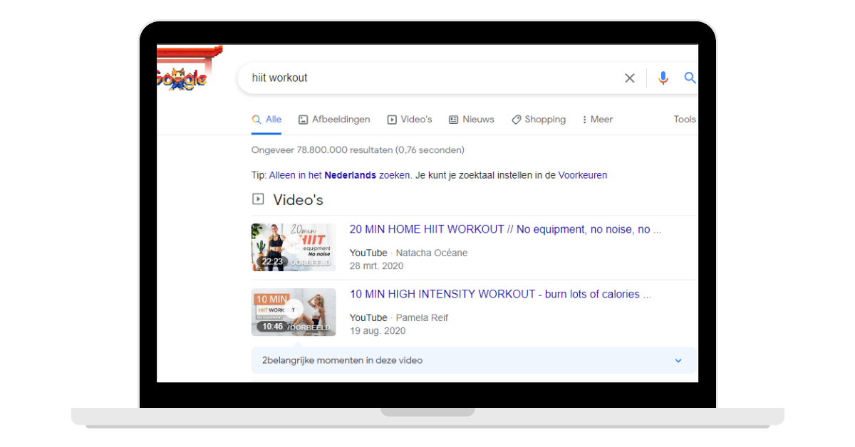 Google video zoekresultaten voor HIIT workout met YouTube video’s.