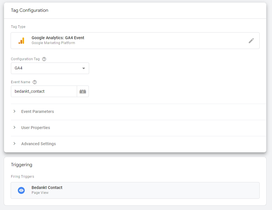 GA4 event tag instellen in Google Tag Manager met eventnaam bedankt_contact.
