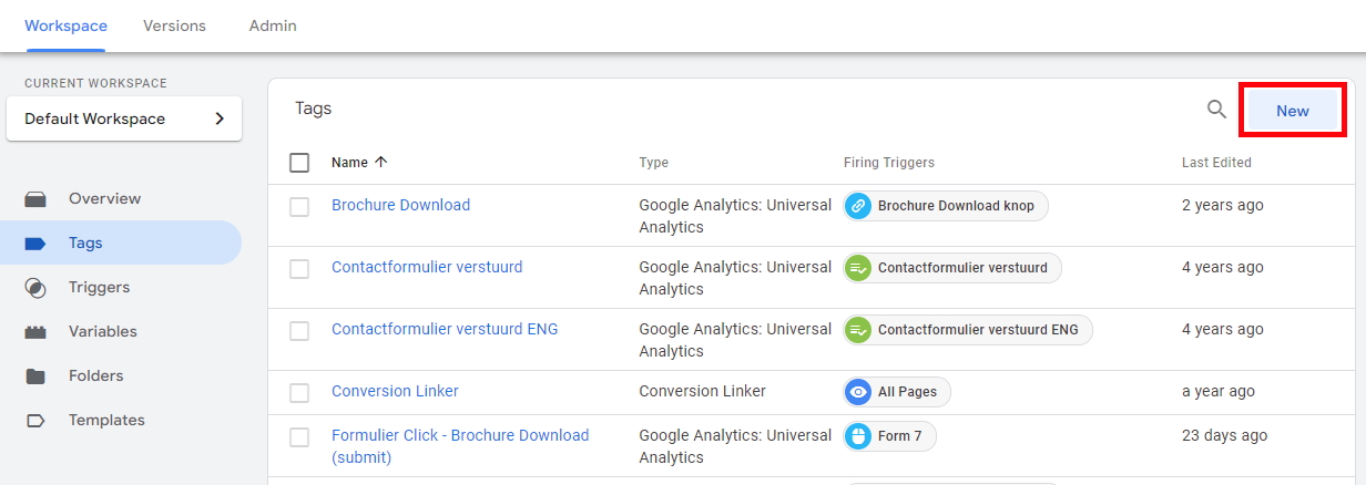 Nieuwe tag aanmaken in Google Tag Manager via de ‘New’ knop in het tags overzicht.