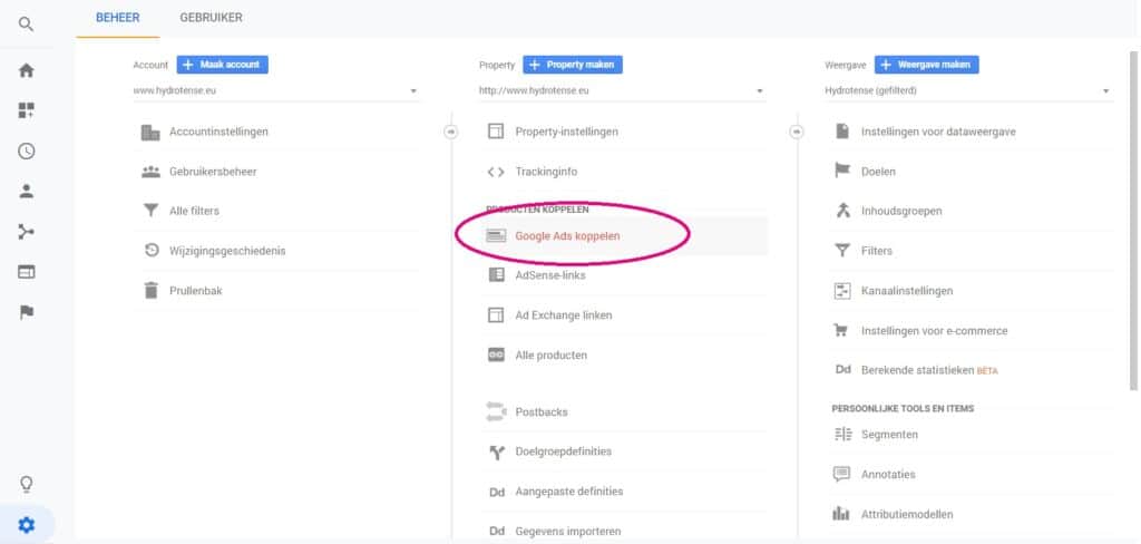 Google Ads koppelen in Google Analytics via de beheerinstellingen.