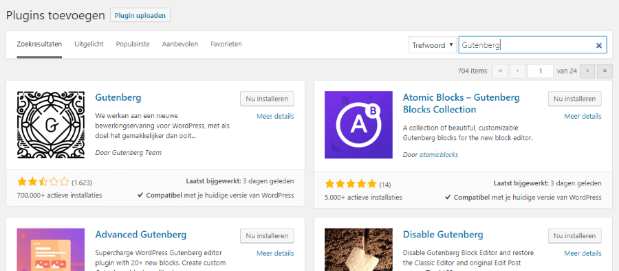 Gutenberg plugin zoeken en installeren in WordPress plugin overzicht.