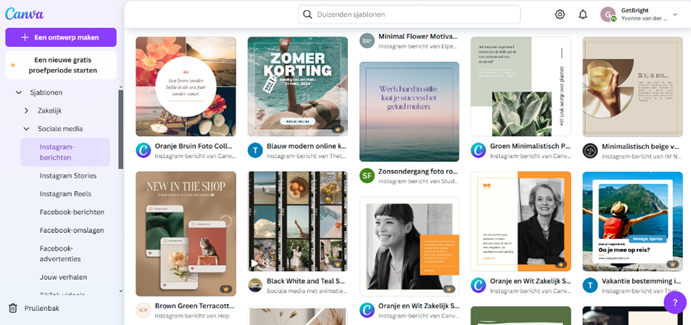 Canva website met inspiratie voor instagram berichten