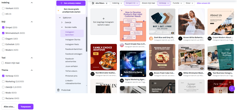 Canva website met inspiratie voor Instagram berichten gefilterd