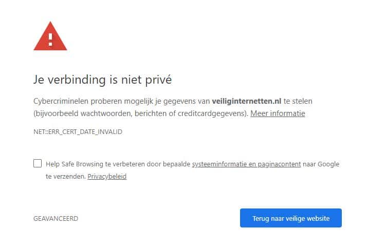 Browsermelding ‘Je verbinding is niet privé’ door ongeldig SSL certificaat.
