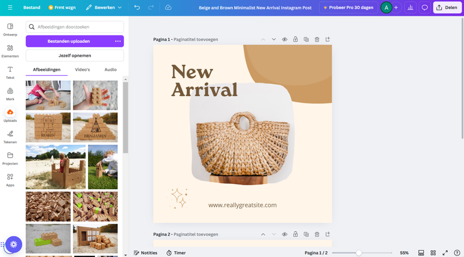 Een Instagram-post wordt ontworpen met de tekst ‘New Arrival’ en een foto van een gevlochten tas.