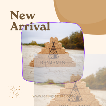 Eigen foto van een blokkenpiramide vervangt de tas in het Canva-ontwerp.