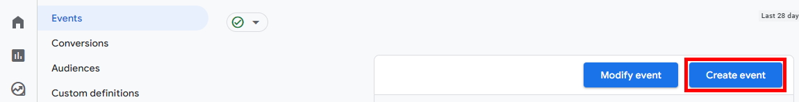 Create event knop in Google Analytics 4 voor het aanmaken van een nieuw tracking event.