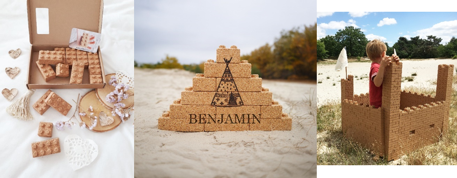 Drie foto’s van Qurkies kurkblokken: in verpakking, als gepersonaliseerde piramide en gebruikt om een kasteel te bouwen.