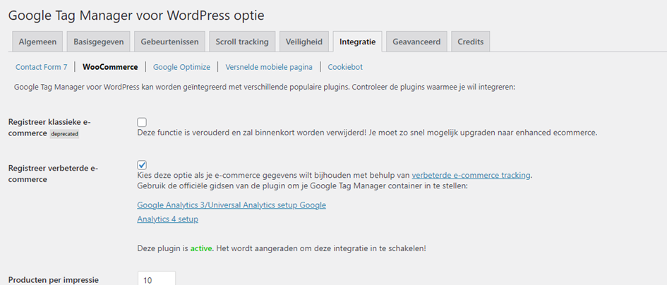 Google Tag Manager voor WordPress optie integratie.
