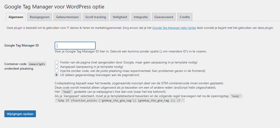 Google Tag Manager voor WordPress optie algemeen.