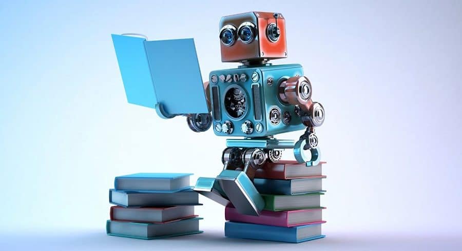 robot zit op een stapel boeken en leest een boek.