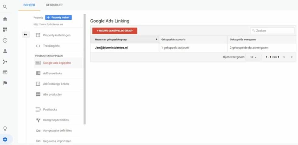 Overzicht van Google Ads koppeling in Google Analytics met gekoppelde accounts.