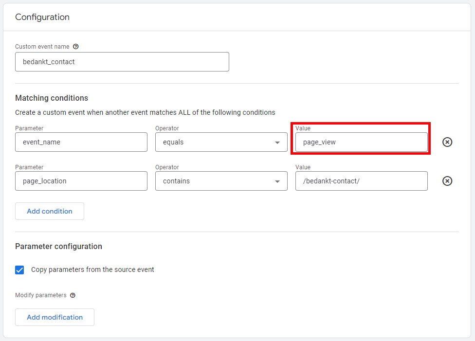 Instellen van een custom event in Google Analytics 4 met page_view en URL-voorwaarde.