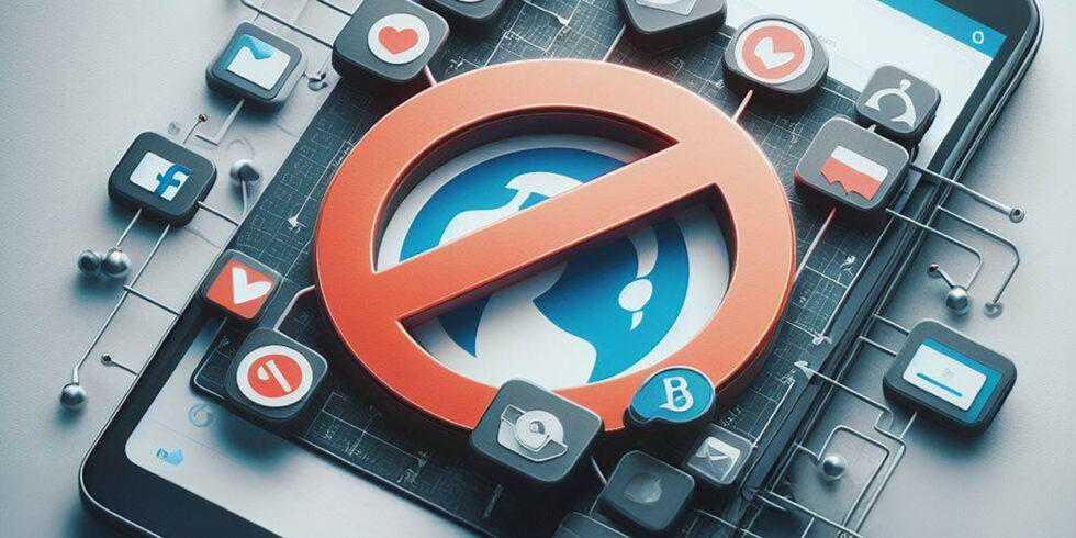 Telefoon met socialmediapps waarop een verbodsteken staat.