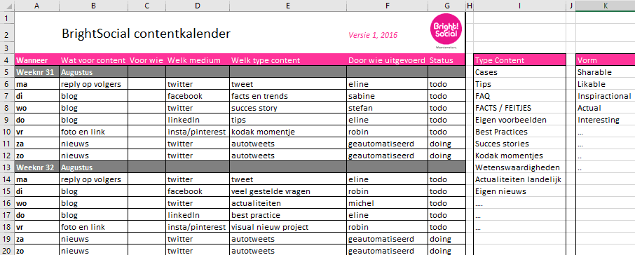 voorbeeld content kalender