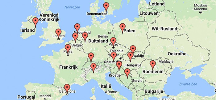 Kaart van Europa met gemarkeerde plekken.