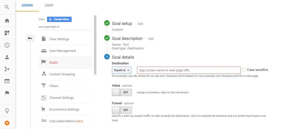 Bestemming doel in Google Analytics