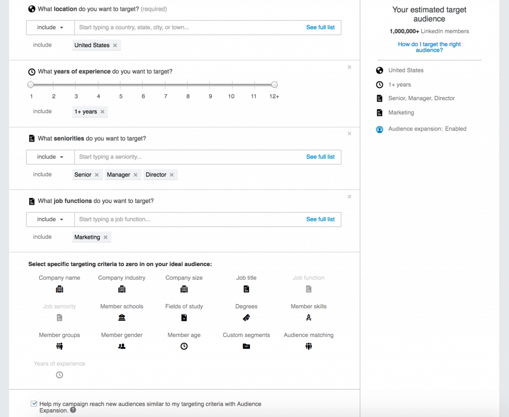 Screenshot LinkedIn audence